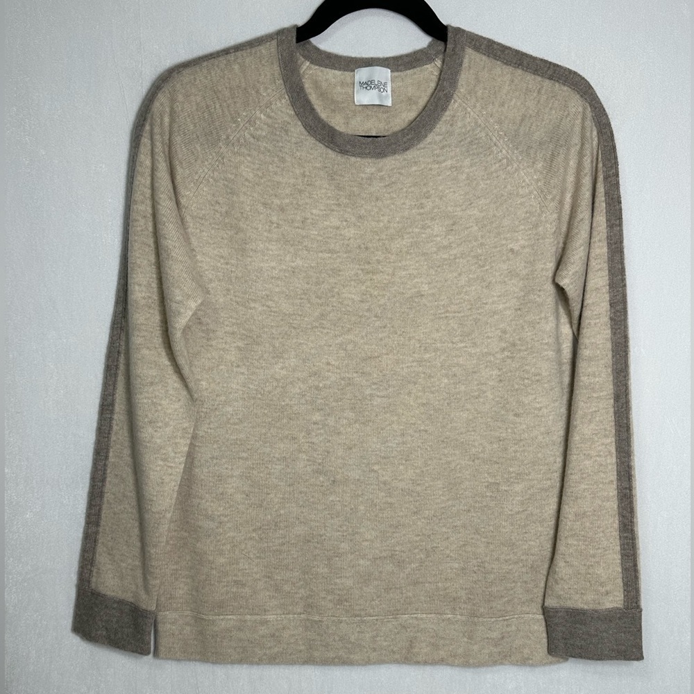 Madeleine Thompson Wool Cashmere Raglan Stripe Crewneck Sweater Beige Small‎